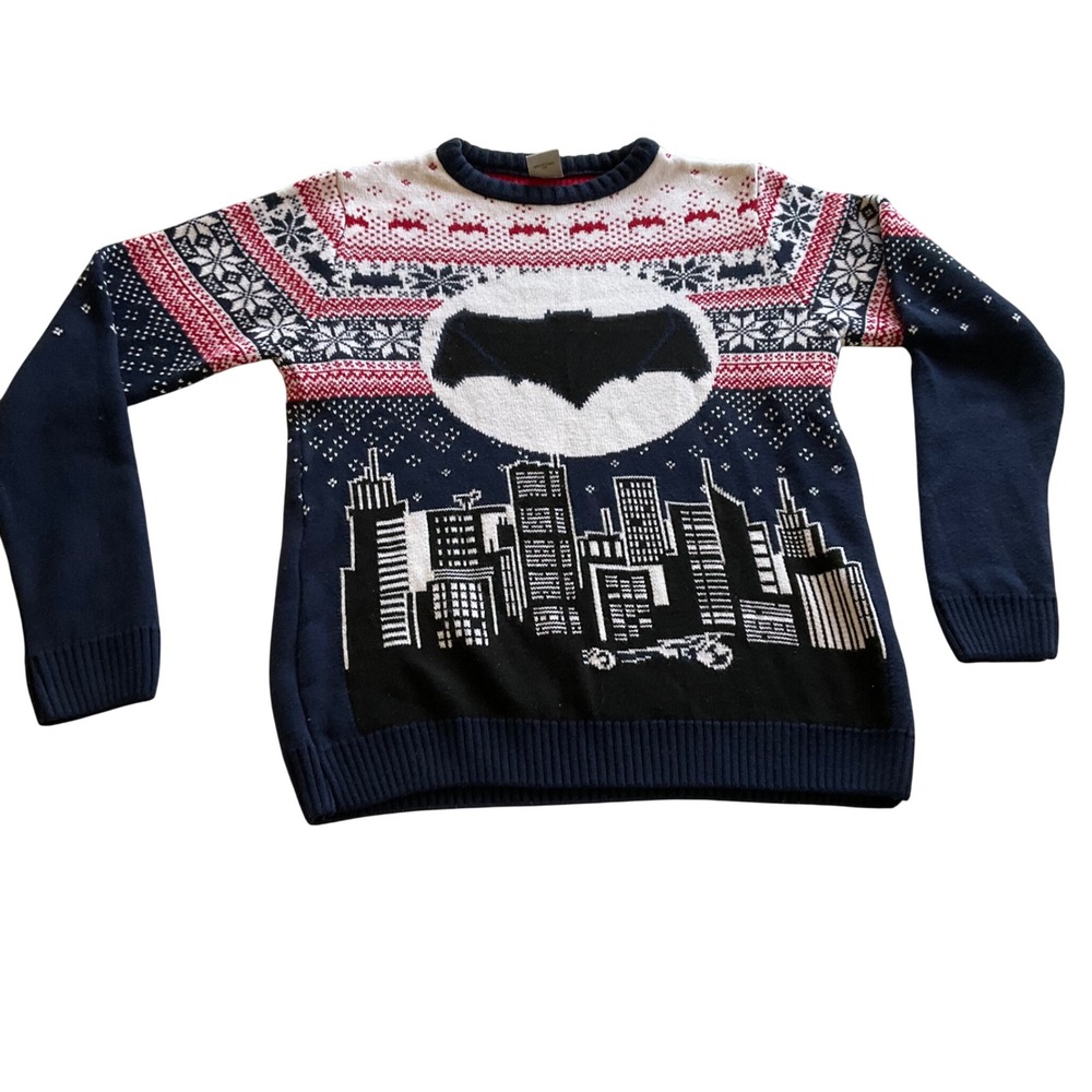 DC Comics Batman Ugly Christmas Sweater Mens Small Navy Blue Gotham City Skyline